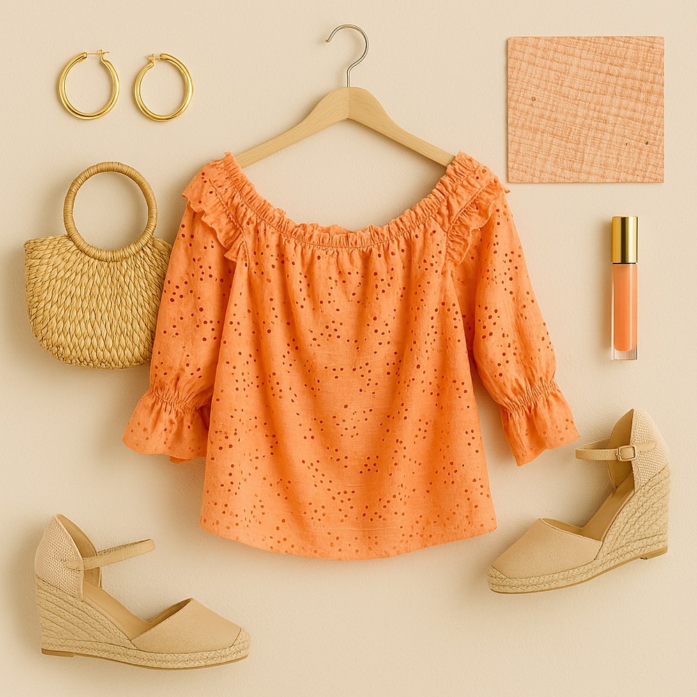 Orange Eyelet Off-Shoulder Top